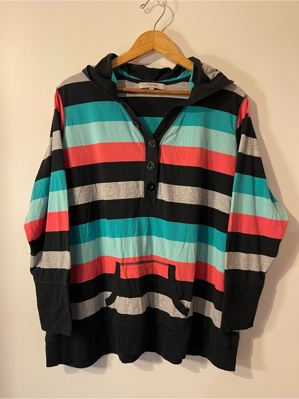 AE Sport Striped Henley Hooded Top Kangaroo Pocket 4X
